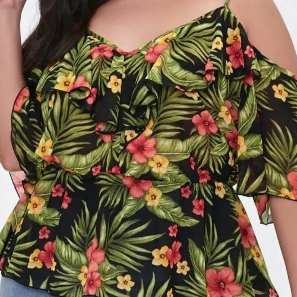 Forever 21 Black and Green Ruffled Off-the-Shoulder Blouse